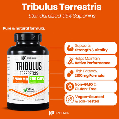 HealthFare Tribulus Terrestris for Men & Women | 32,500mg Ultra Potency Extract | 95% Saponins | 200 Capsules | Natural Strength, Energy & Stamina | Non-GMO, Gluten-Free, Made in USA