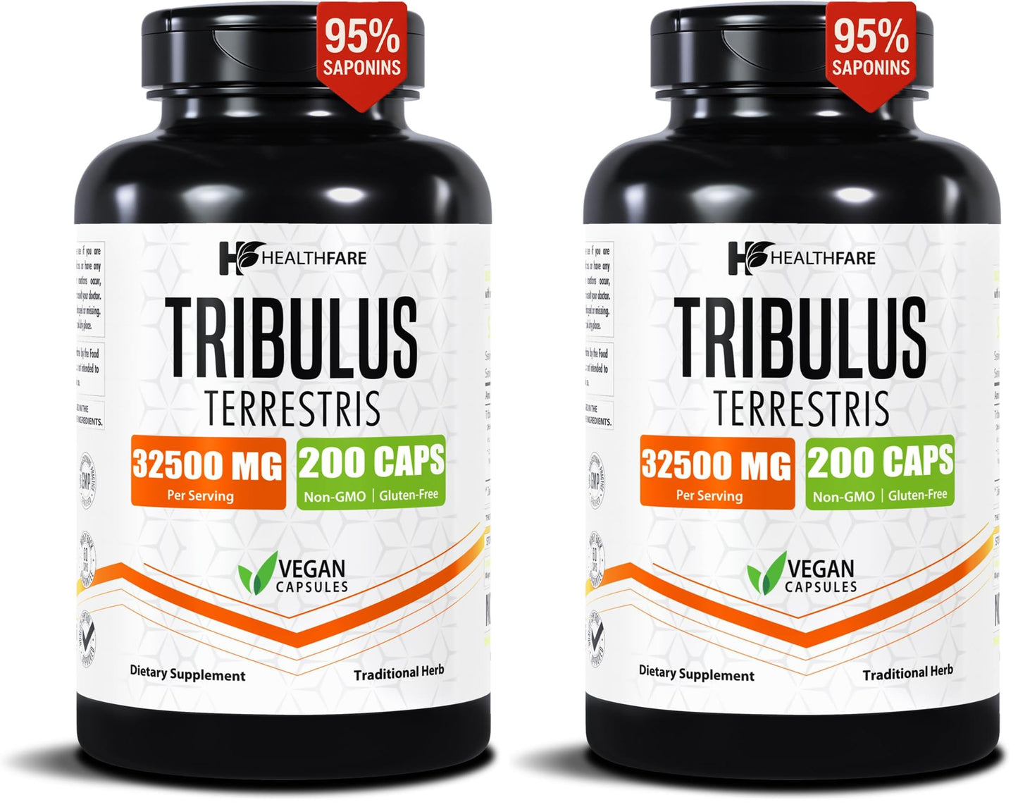Healthfare Tribulus Terrestris for Men & Women | 32,500mg Ultra Potency Extract | 95% Saponins | 200 Capsules | Natural Strength, Energy & Stamina | Non-GMO, Gluten-Free, Made in USA (Pack of 2)
