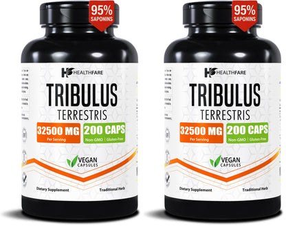 Healthfare Tribulus Terrestris for Men & Women | 32,500mg Ultra Potency Extract | 95% Saponins | 200 Capsules | Natural Strength, Energy & Stamina | Non-GMO, Gluten-Free, Made in USA (Pack of 2)