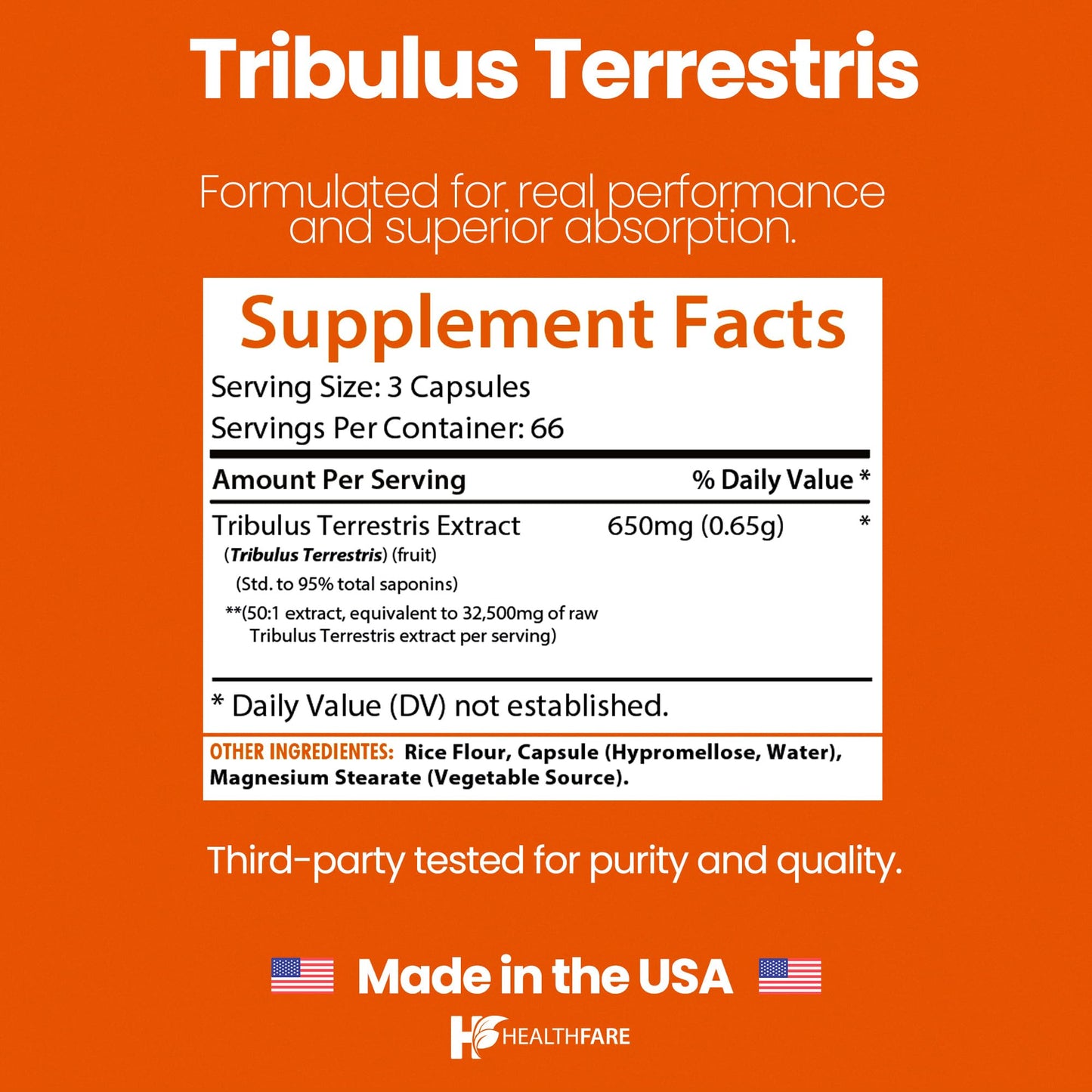 Healthfare Tribulus Terrestris for Men & Women | 32,500mg Ultra Potency Extract | 95% Saponins | 200 Capsules | Natural Strength, Energy & Stamina | Non-GMO, Gluten-Free, Made in USA (Pack of 2)
