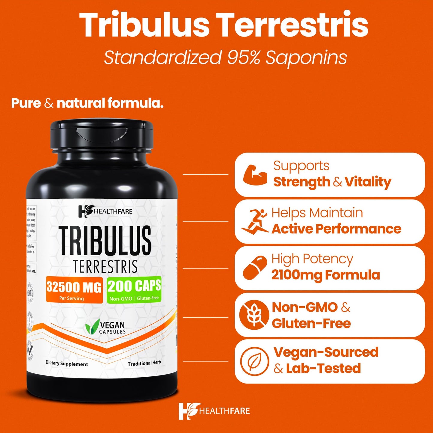 Healthfare Tribulus Terrestris for Men & Women | 32,500mg Ultra Potency Extract | 95% Saponins | 200 Capsules | Natural Strength, Energy & Stamina | Non-GMO, Gluten-Free, Made in USA (Pack of 2)