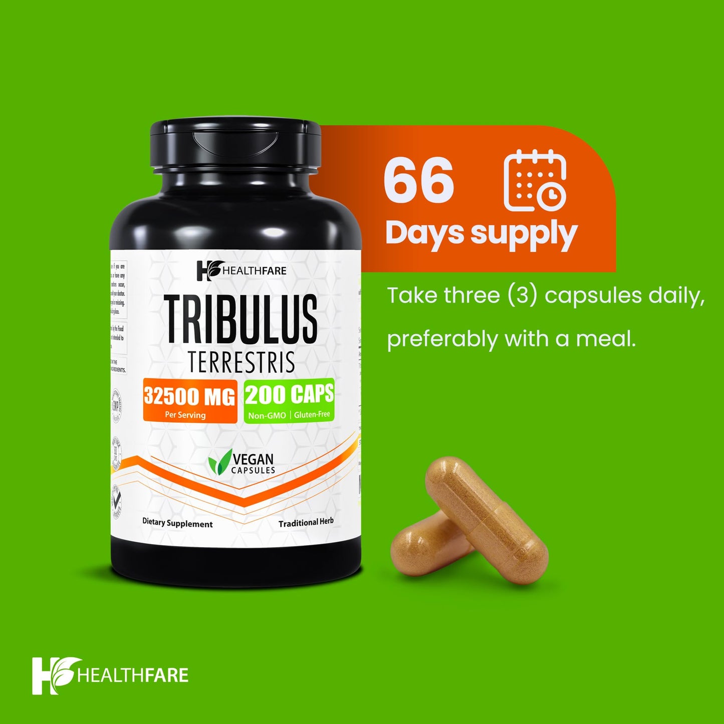 Healthfare Tribulus Terrestris for Men & Women | 32,500mg Ultra Potency Extract | 95% Saponins | 200 Capsules | Natural Strength, Energy & Stamina | Non-GMO, Gluten-Free, Made in USA (Pack of 2)