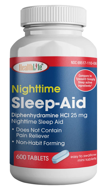 HealthLFE HealthPharma Nighttime Sleep-Aid 25 mg Diphenhydramine HCl Caplets - 600 Count