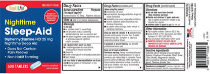 HealthLFE HealthPharma Nighttime Sleep-Aid 25 mg Diphenhydramine HCl Caplets - 600 Count