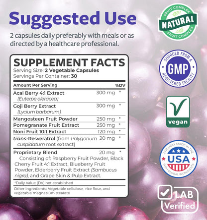 Super Antioxidants Supplement for Women & Men | High Potency Herbal & Fruit Blend | Vegan & Non-GMO - 60 Capsules