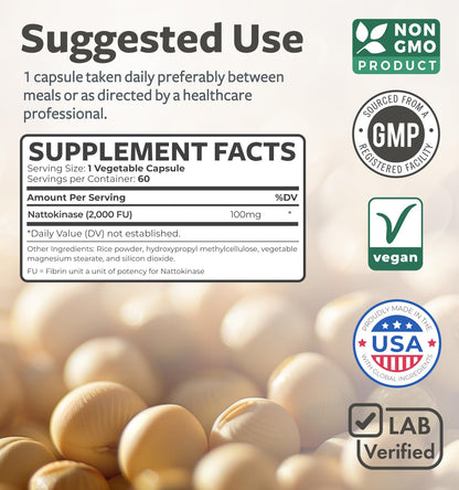 Healths Harmony Nattokinase 2000 FU (Non-GMO) Powerful Nattokinase Supplement Made from Naturally Fermented Soybeans - (2 Month Supply) 60 Vegan Natto Capsules