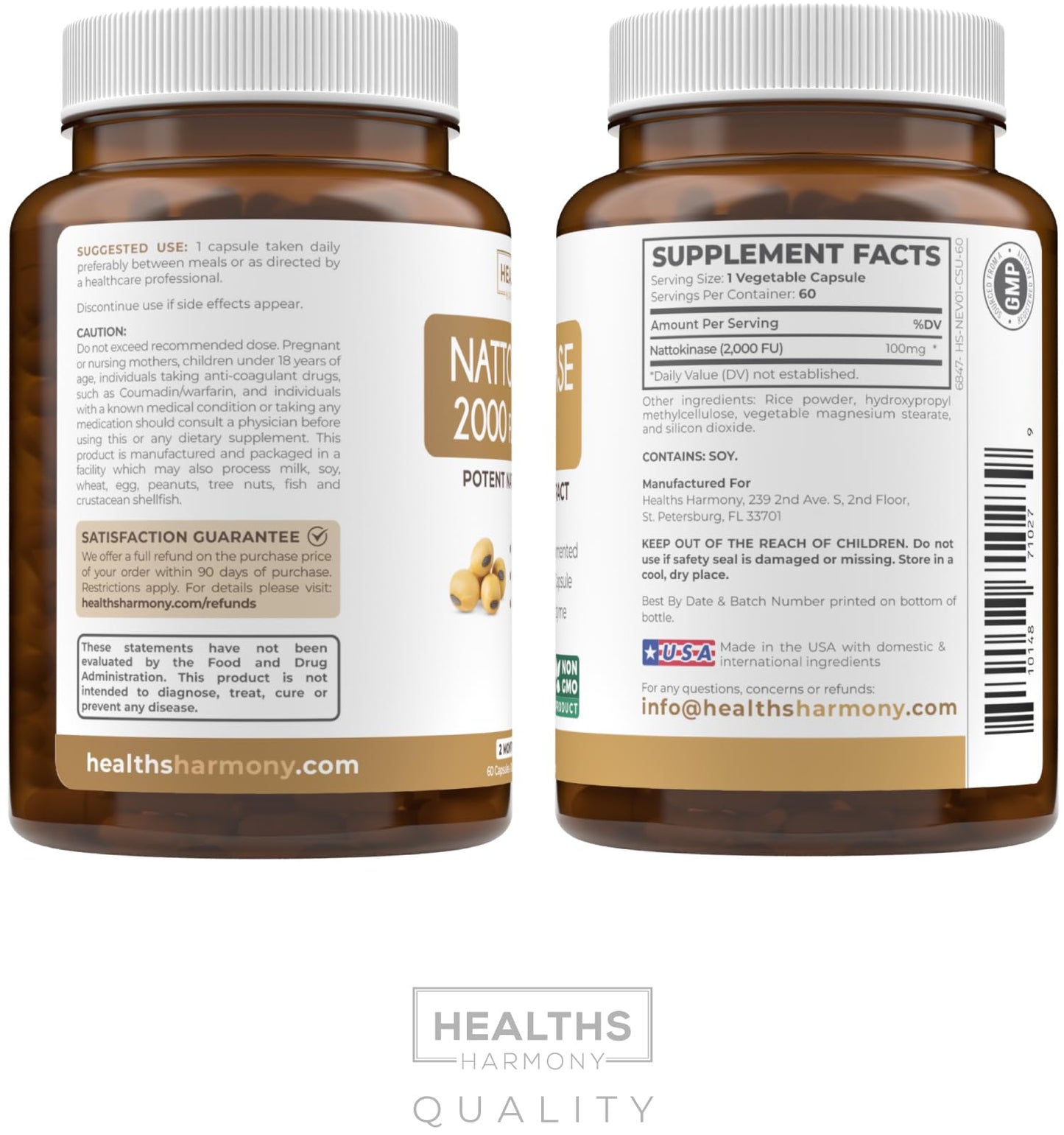 Healths Harmony Nattokinase 2000 FU (Non-GMO) Powerful Nattokinase Supplement Made from Naturally Fermented Soybeans - (2 Month Supply) 60 Vegan Natto Capsules