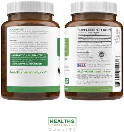 Super Strength Olive Leaf Extract Capsules 750mg – 20% Oleuropein | Vegan, Non-GMO Immunity, Skin & Heart Health – Made in USA (4 Month Supply)