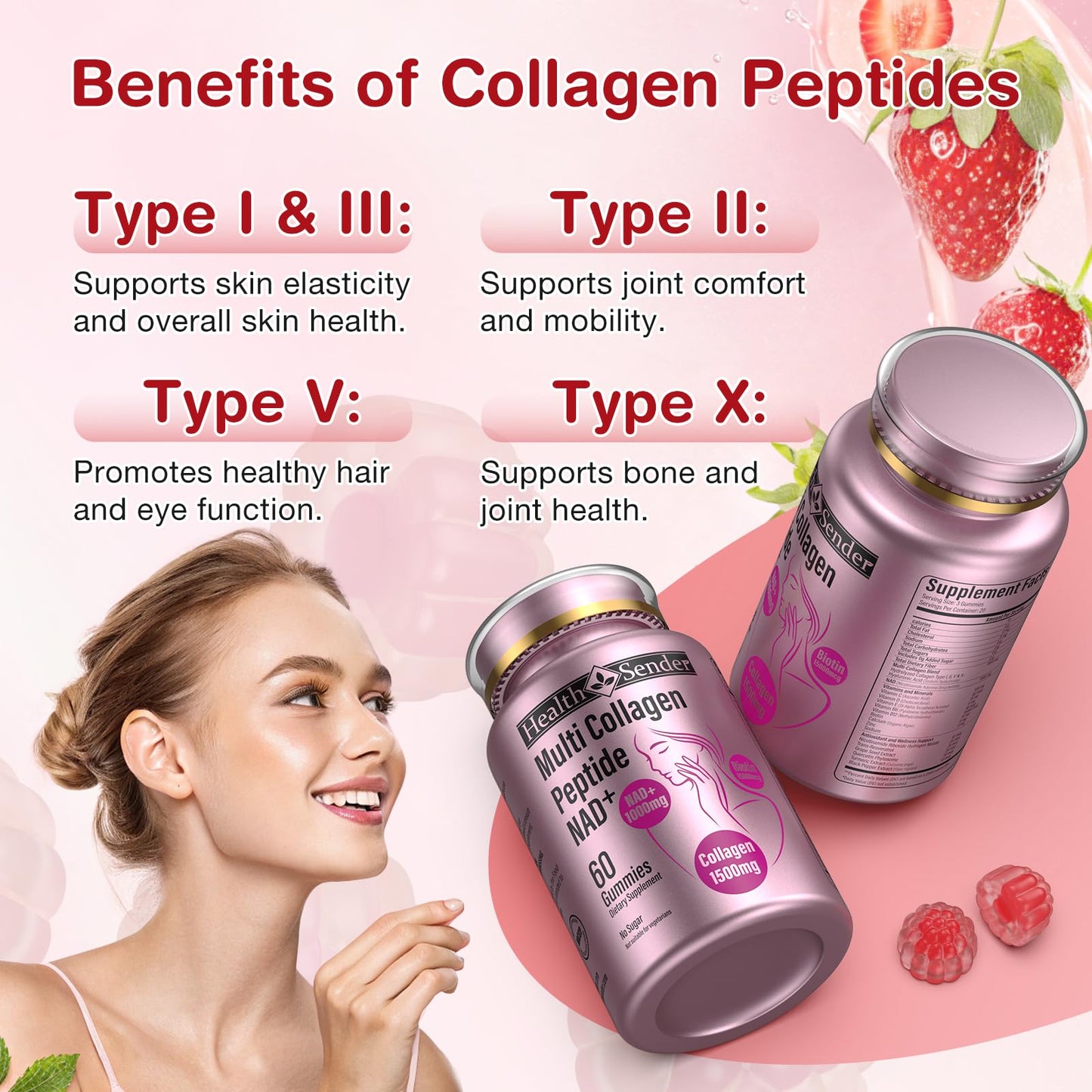 HealthSender Collagen Gummies – 1500mg Collagen, NAD, Biotin | Sugar-Free
