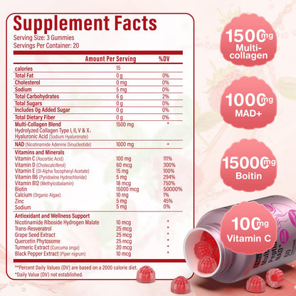 HealthSender Collagen Gummies – 1500mg Collagen, NAD, Biotin | Sugar-Free
