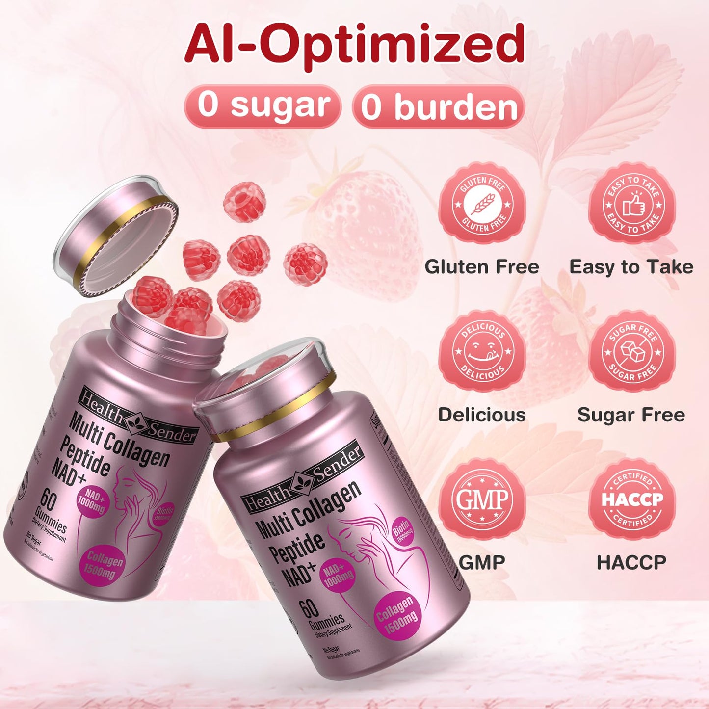 HealthSender Collagen Gummies – 1500mg Collagen, NAD, Biotin | Sugar-Free