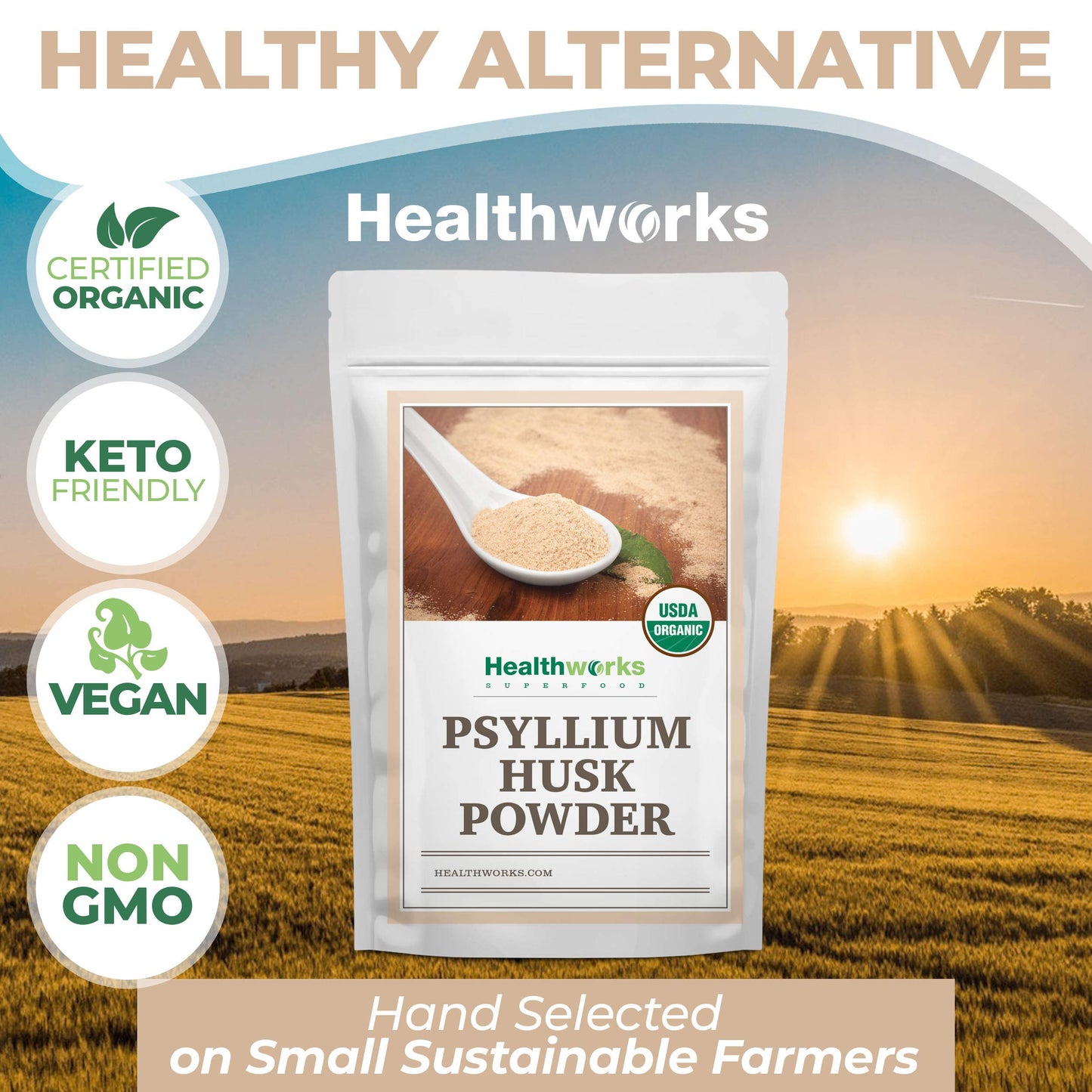 Healthworks Organic Psyllium Husk Powder - 16 oz (1 lb) | Raw, Finely Ground, Keto & Vegan