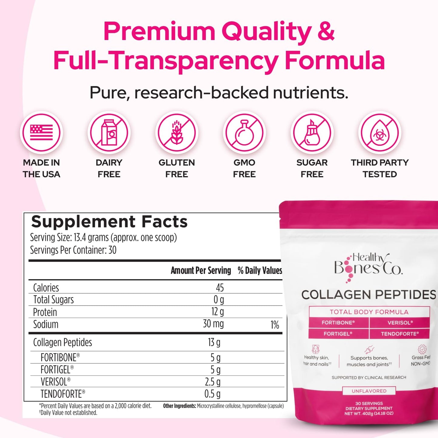 Healthy Bones Co. FORTIBONE Premium Bone Health Collagen Peptides with FORTIGEL, VERISOL & TENDOFORTE | 30 Servings