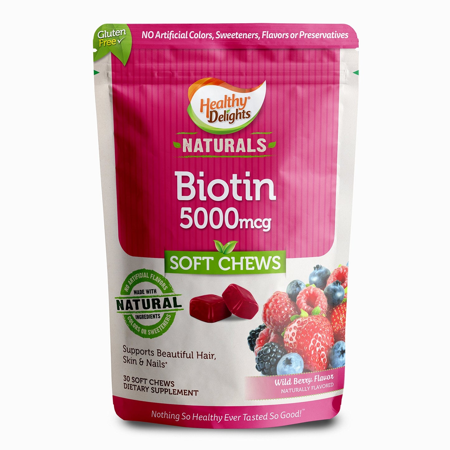 Healthy Delights Naturals Biotin Soft Chews 5000mcg, Wild Berry – Hair, Skin & Nails