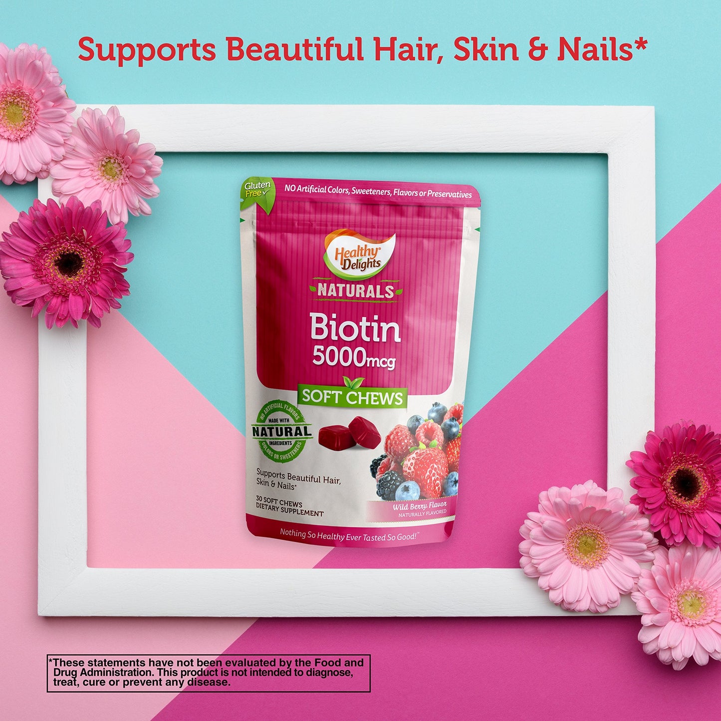 Healthy Delights Naturals Biotin Soft Chews 5000mcg, Wild Berry – Hair, Skin & Nails