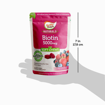 Healthy Delights Naturals Biotin Soft Chews 5000mcg, Wild Berry – Hair, Skin & Nails