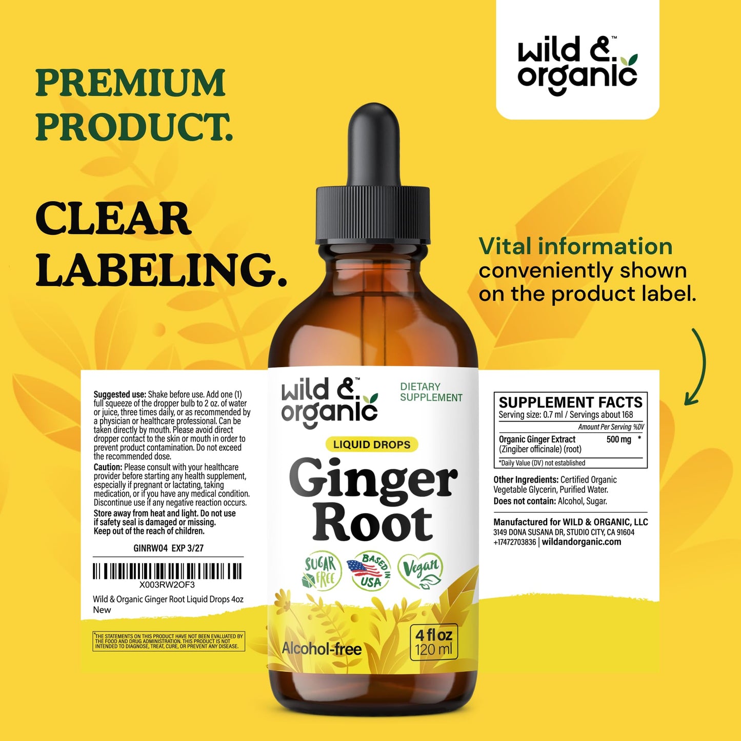 Wild & Organic Ginger Root Extract Drops - Immune & Digestive Support | Vegan, Sugar & Alcohol-Free 4 fl oz
