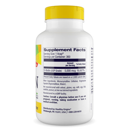 Healthy Origins Biotin 5,000 mcg – 360 Veggie Caps | Hair & Nail Support