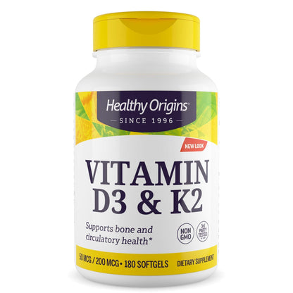 Healthy Origins Vitamin D3 2000 IU (50 mcg) & K2 200 mcg — Non-GMO, 3rd-Party Tested, Bone & Cardiovascular Support, 180 Softgels
