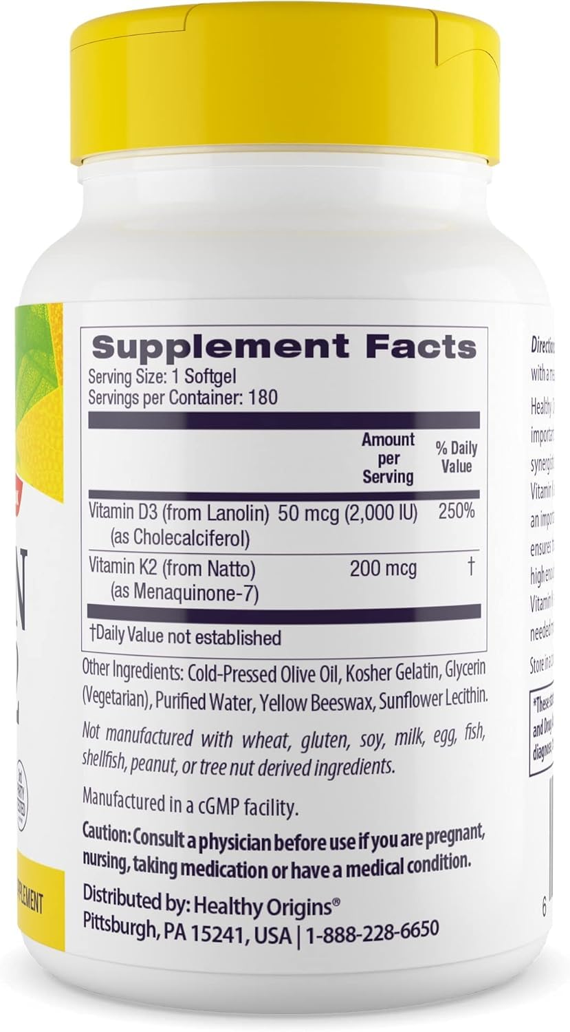 Healthy Origins Vitamin D3 2000 IU (50 mcg) & K2 200 mcg — Non-GMO, 3rd-Party Tested, Bone & Cardiovascular Support, 180 Softgels