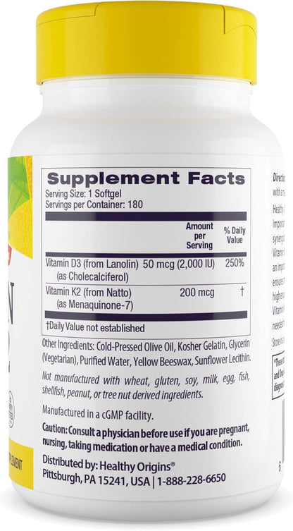 Healthy Origins Vitamin D3 2000 IU (50 mcg) & K2 200 mcg — Non-GMO, 3rd-Party Tested, Bone & Cardiovascular Support, 180 Softgels