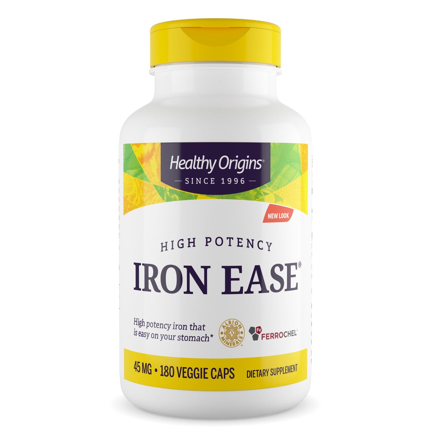Healthy Origins Iron Ease 45 mg – Ferrochel Chelated Iron, Non-GMO, Vegan, 180 Veggie Caps