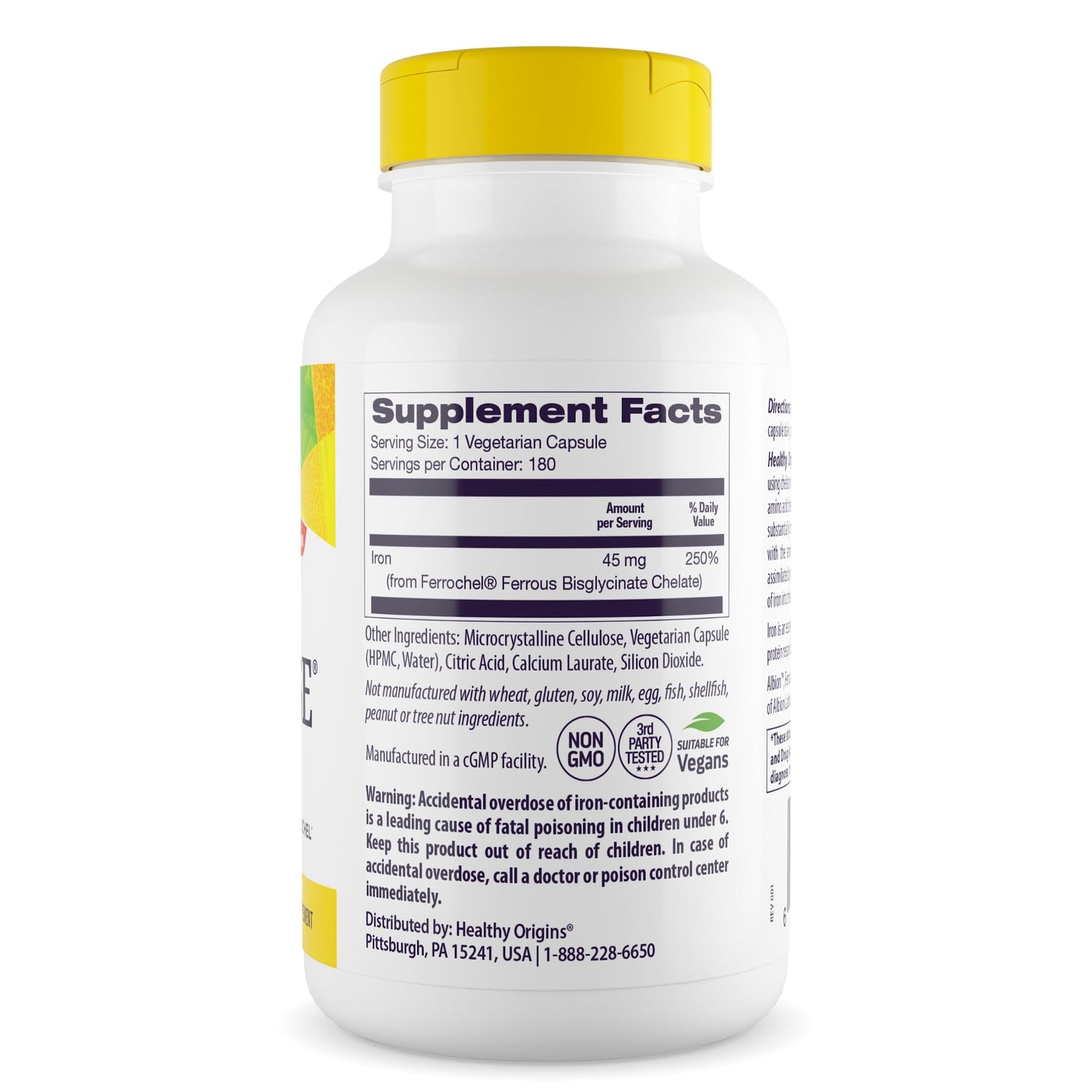 Healthy Origins Iron Ease 45 mg – Ferrochel Chelated Iron, Non-GMO, Vegan, 180 Veggie Caps