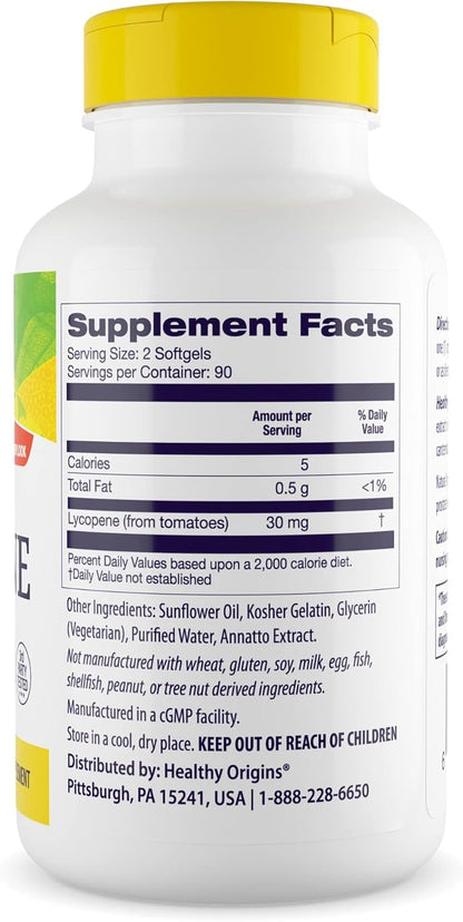 Healthy Origins Lycopene 15 mg – Natural, Non-GMO, Gluten Free | Skin & Prostate Support, 180 Softgels