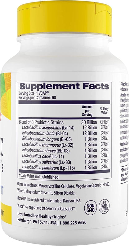 Healthy Origins Probiotic 30 Billion CFU's - Shelf Stable, Non-GMO, Gluten Free | Digestive & Immune Health - 60 Veggie Caps