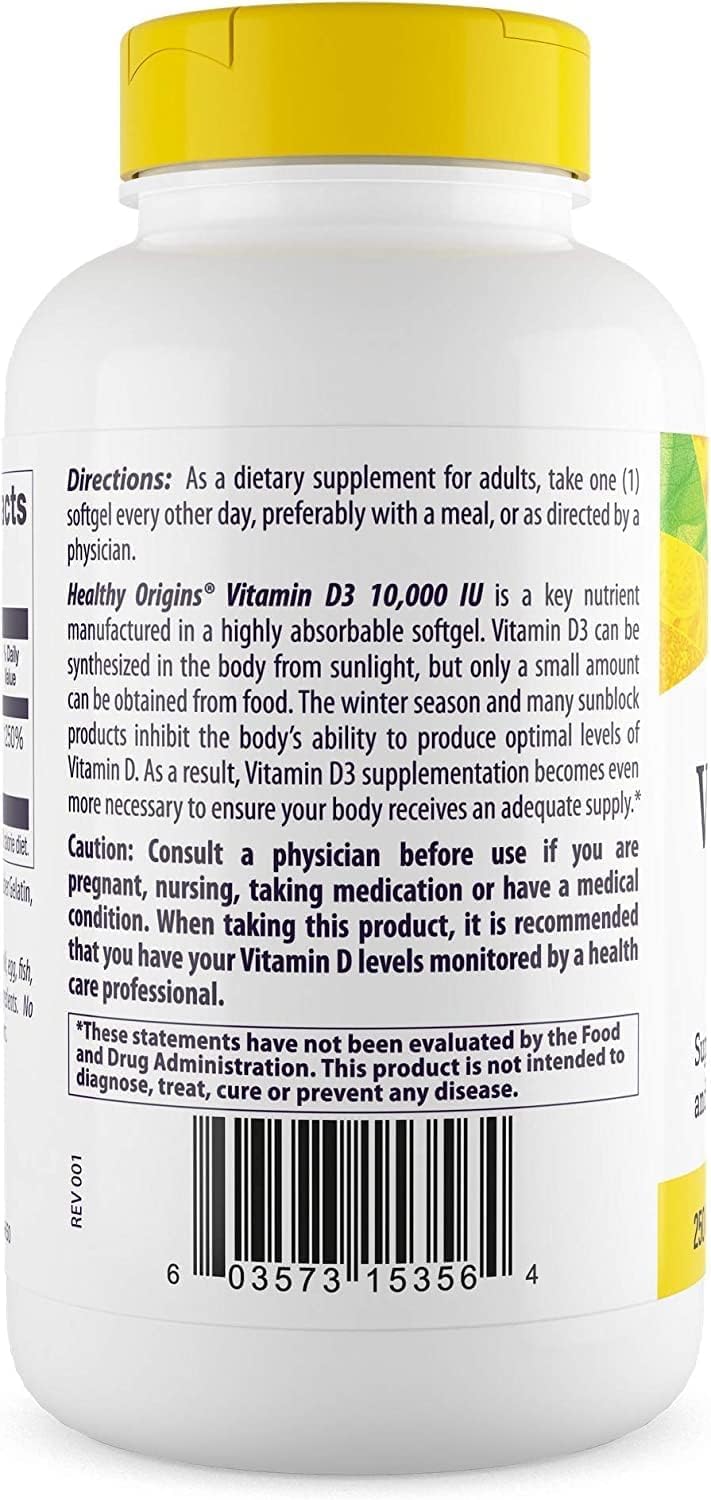 Healthy Origins Vitamin D3 10,000 IU - Non-GMO, High Potency, 360 Softgels