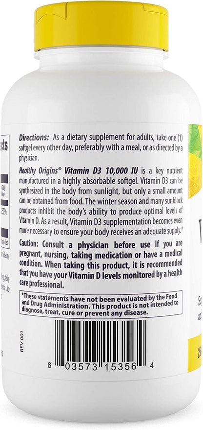 Healthy Origins Vitamin D3 10,000 IU - Non-GMO, High Potency, 360 Softgels