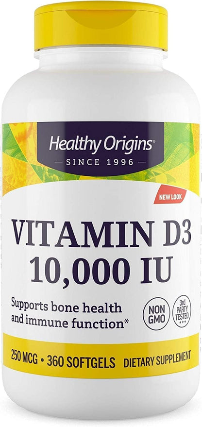Healthy Origins Vitamin D3 10,000 IU - Non-GMO, High Potency, 360 Softgels