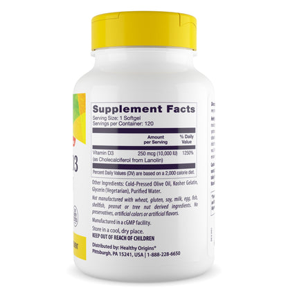 Healthy Origins Vitamin D3 10,000 IU - 120 Softgels (Non-GMO, Gluten Free)
