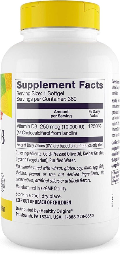 Healthy Origins Vitamin D3 10,000 IU - Non-GMO, High Potency, 360 Softgels