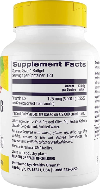 Healthy Origins Vitamin D3 5,000 IU – Non-GMO, Gluten Free, 120 Softgels