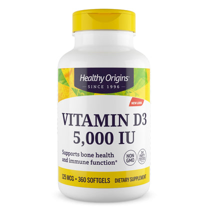 Healthy Origins Vitamin D3 (Lanolin) 5,000 IU Softgel – Bone Health & Immune Support | Gluten-Free, 360 Softgels