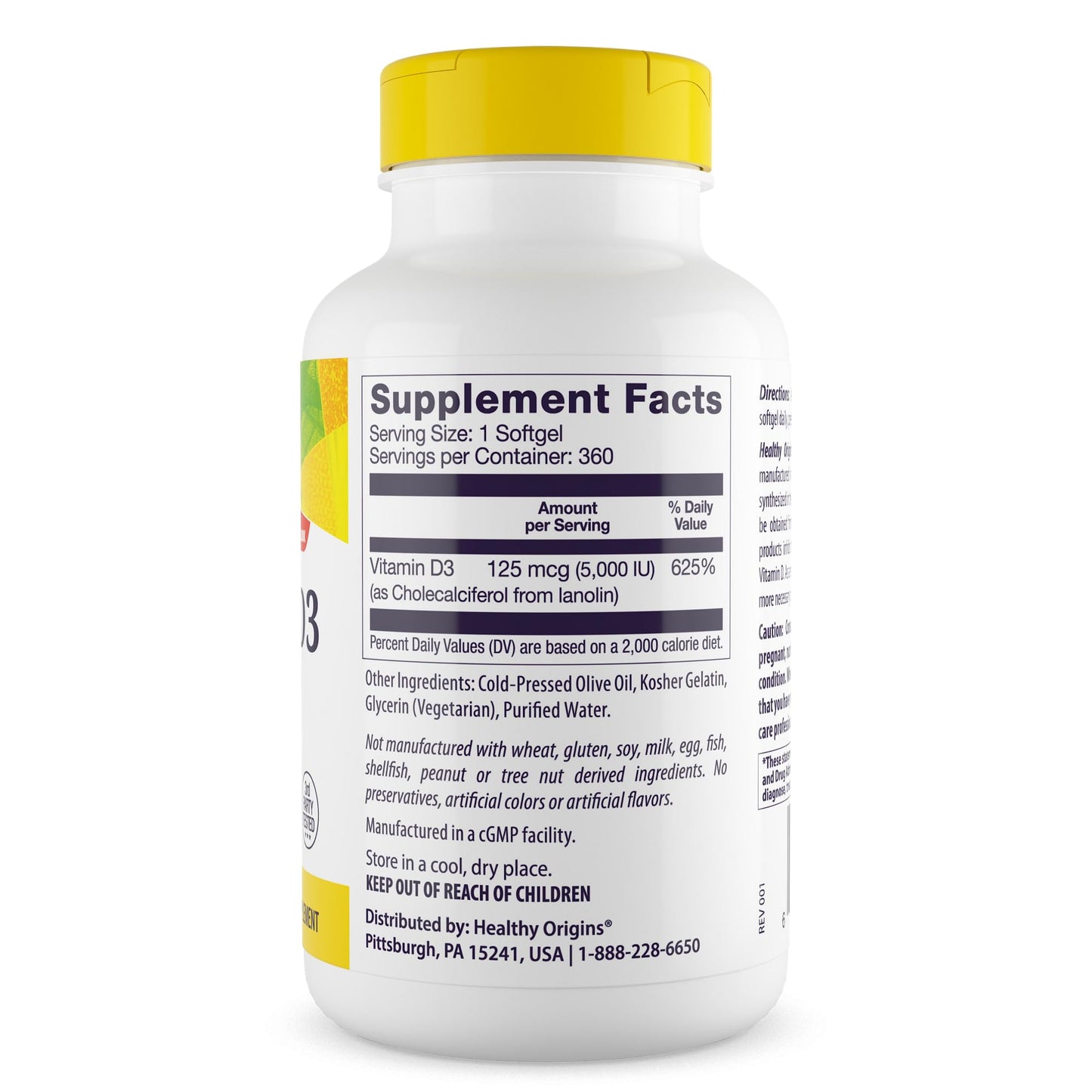 Healthy Origins Vitamin D3 (Lanolin) 5,000 IU Softgel – Bone Health & Immune Support | Gluten-Free, 360 Softgels