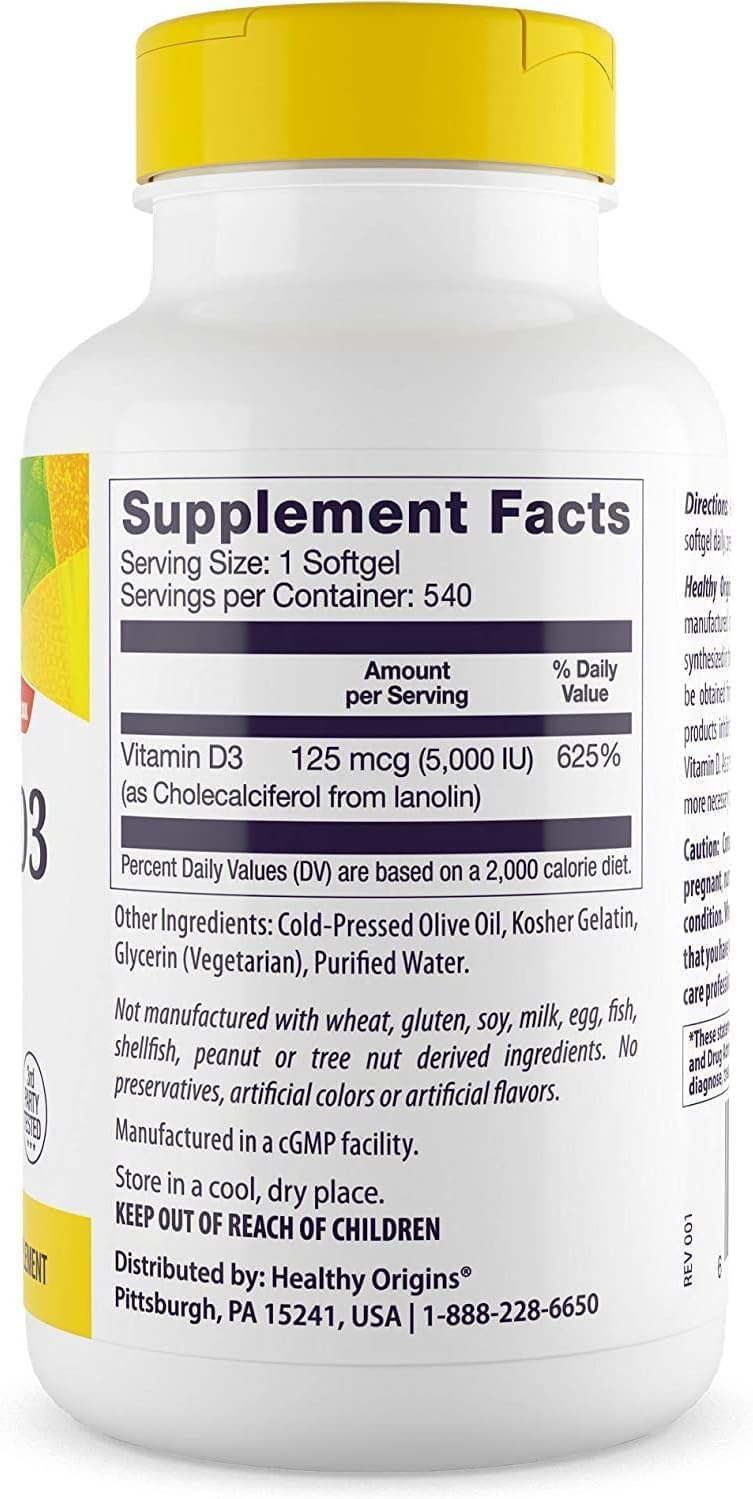 Healthy Origins Vitamin D3 5,000 IU Softgels (Lanolin) – Gluten-Free, Easy Absorption – Bone & Immune Support – 540 Softgels