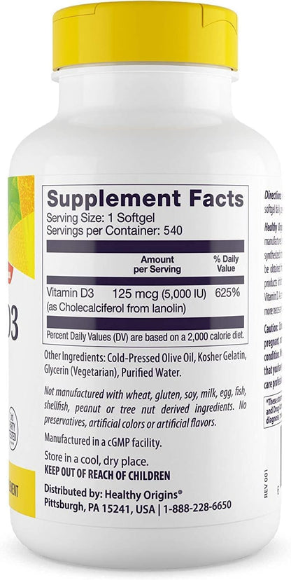 Healthy Origins Vitamin D3 5,000 IU Softgels (Lanolin) – Gluten-Free, Easy Absorption – Bone & Immune Support – 540 Softgels