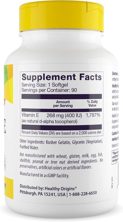 Healthy Origins Vitamin E 400 IU – Natural, Non-GMO, Gluten Free, 90 Softgels