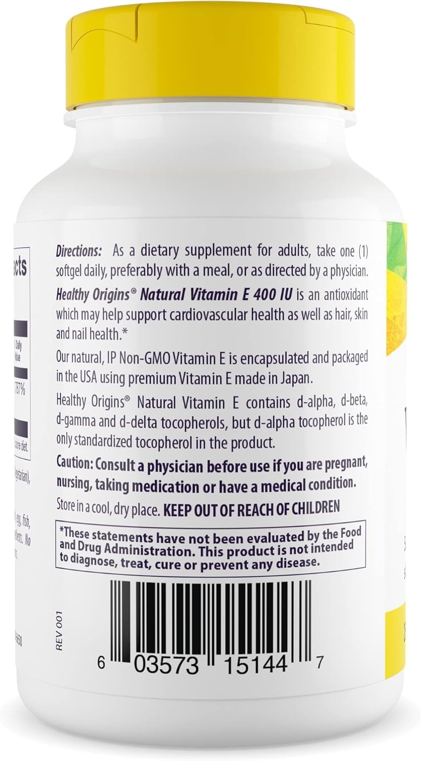 Healthy Origins Vitamin E 400 IU – Natural, Non-GMO, Gluten Free, 90 Softgels