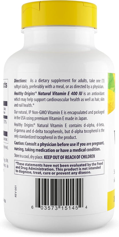 Healthy Origins Vitamin E 400 IU – Natural, Non-GMO, Gluten Free, 180 Softgels
