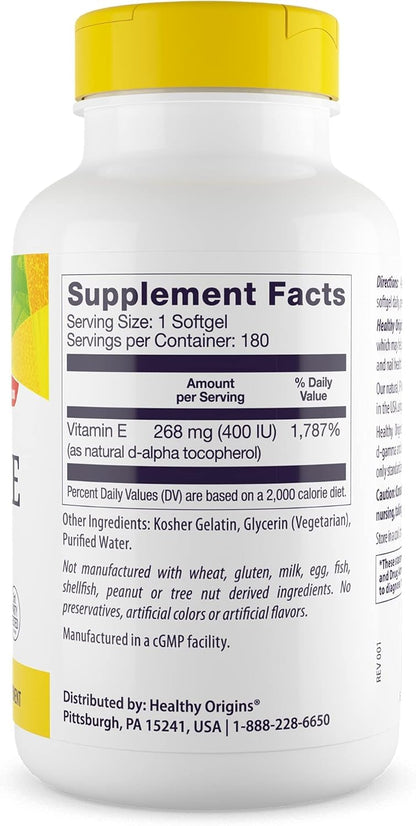 Healthy Origins Vitamin E 400 IU – Natural, Non-GMO, Gluten Free, 180 Softgels