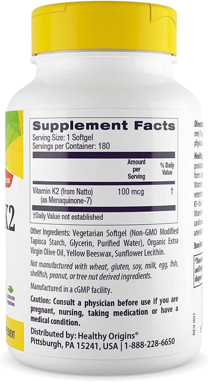 Healthy Origins Vitamin K2 100 mcg MK-7 – Non-GMO, Gluten Free, Bone & Cardiovascular Support | 180 Veggie Gels