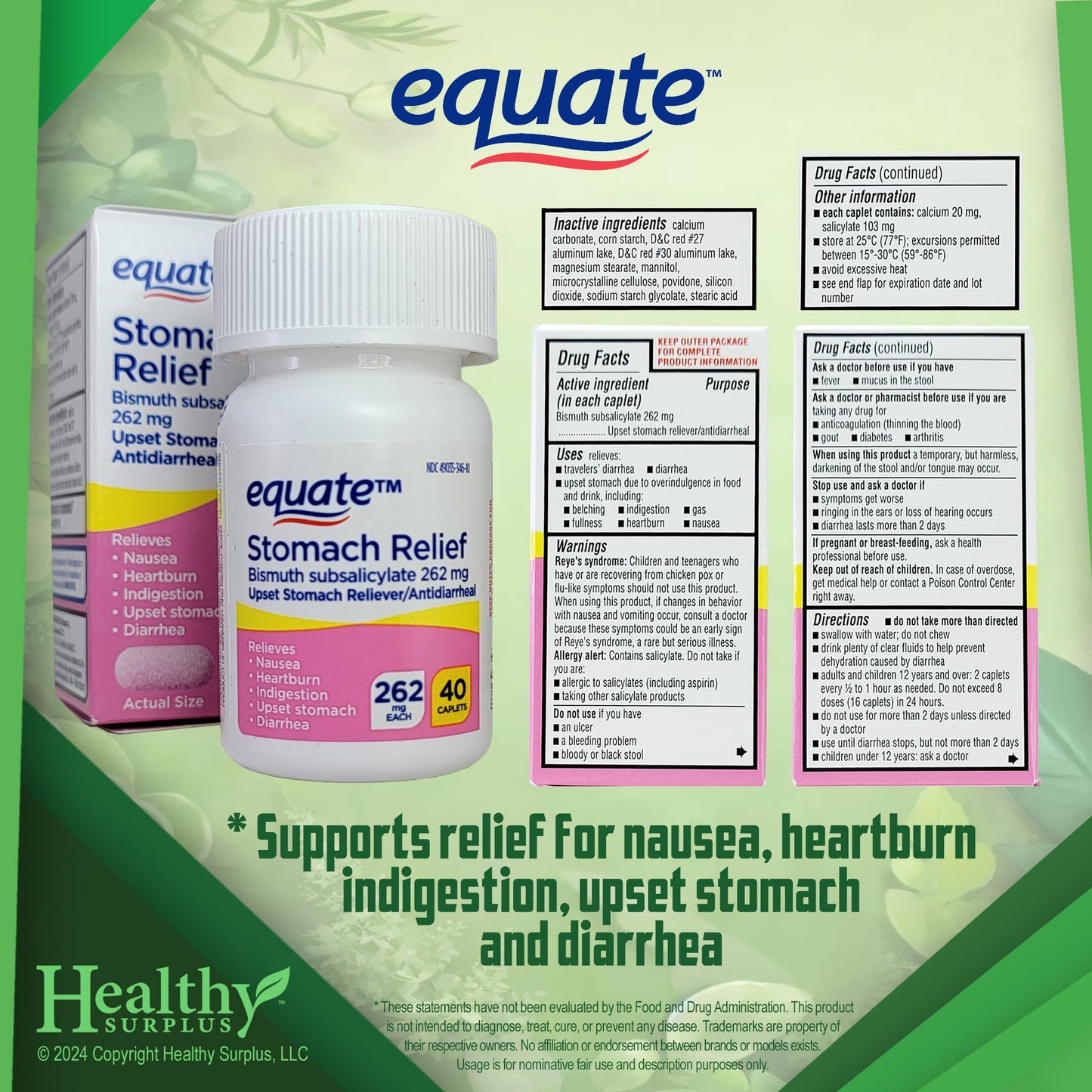 Healthy Surplus Stomach Relief - Bismuth Subsalicylate 262 mg, 40 Caplets