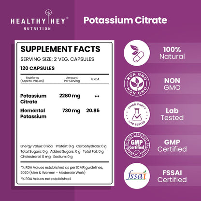 HealthyHey Potassium Citrate 730mg – 120 Vegetable Capsules (Pack of 1)