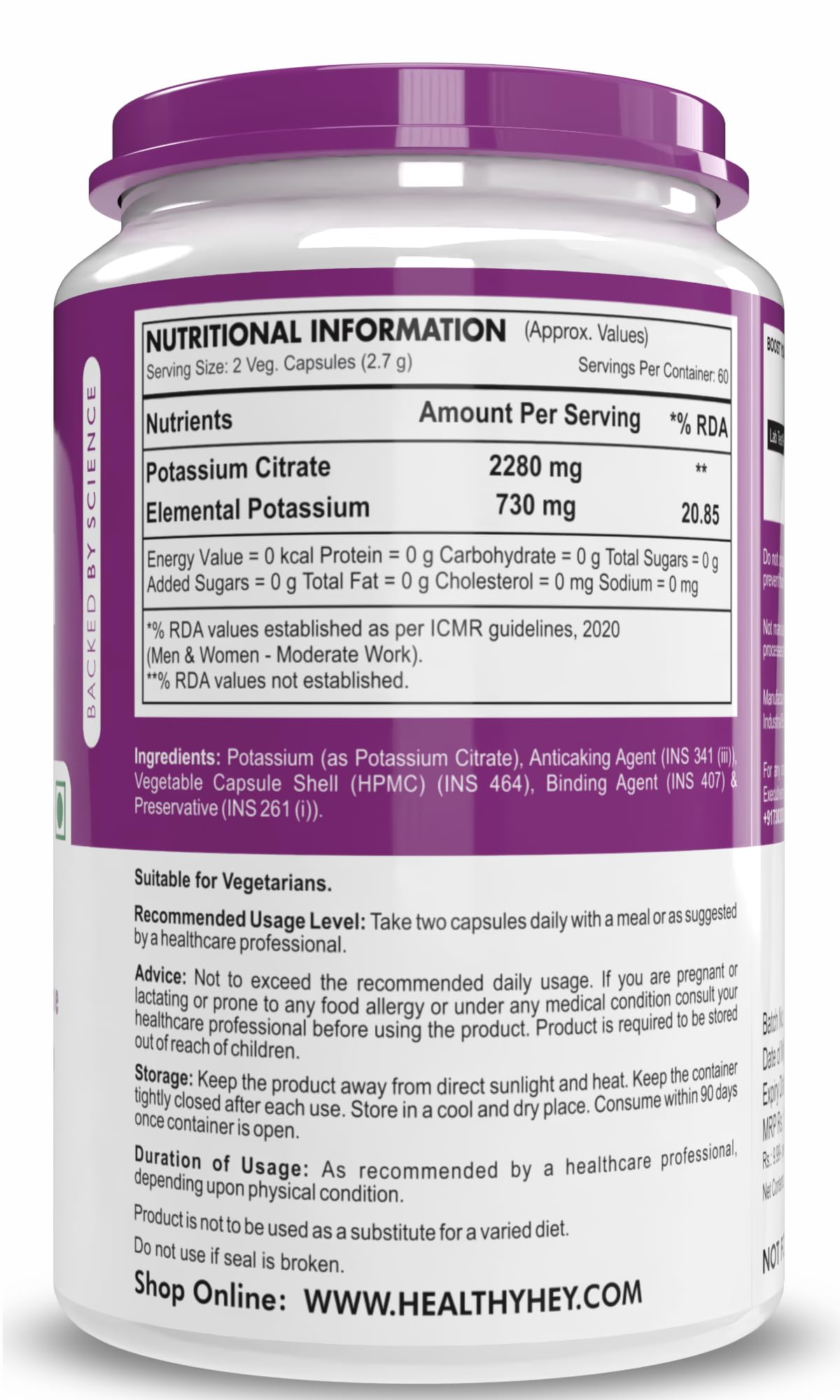 HealthyHey Potassium Citrate 730mg – 120 Vegetable Capsules (Pack of 1)