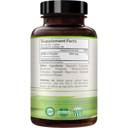 HealthyWayRx 500mg SAM-e Supplement – High Absorption 180 Capsules | Brain, Mood & Liver Support | Non-GMO