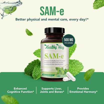HealthyWayRx 500mg SAM-e Supplement – High Absorption 180 Capsules | Brain, Mood & Liver Support | Non-GMO