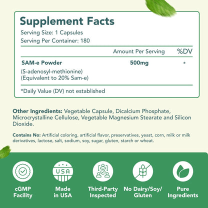 HealthyWayRx 500mg SAM-e Supplement – High Absorption 180 Capsules | Brain, Mood & Liver Support | Non-GMO